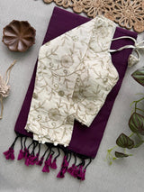 Wine Khadi Cotton Saree With Embrodery Work Stitched Blouse