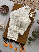 Golden Handloom Cotton Saree With Embrodery Work Stitched Blouse