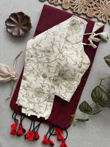 Maroon Khadi Cotton Saree With Embrodery Work Stitched Blouse