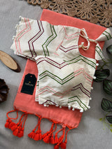 Peach Khadi Cotton Saree With Embrodery Work Stitched Blouse