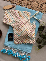 Sky Khadi Cotton Saree With Embrodery Work Stitched Blouse