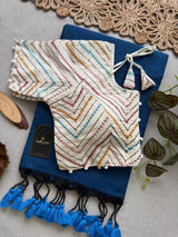 Firozi Khadi Cotton Saree With Embrodery Work Stitched Blouse