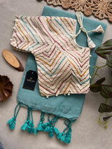 Sky Khadi Cotton Saree With Embrodery Work Stitched Blouse