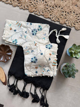 Black Khadi Cotton Saree With Embrodery Work Stitched Blouse