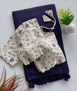 Navy Blue Handloom Cotton Saree With Embrodery Work Stitched Blouse