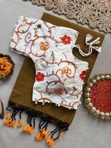 Golden Handloom Cotton Saree With Embrodery Work Stitched Blouse