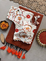 Orange Khadi Cotton Saree With Embrodery Work Stitched Blouse