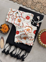 Black Khadi Cotton Saree With Embrodery Work Stitched Blouse