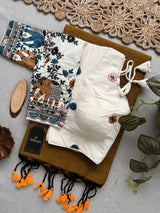 Golden Khadi Cotton Saree With Embrodery Work Stitched Blouse