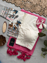 Baby Pink Khadi Cotton Saree Embrodery Work Stitched Blouse