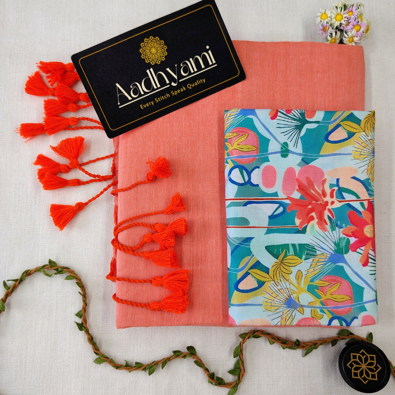 Peach Handloom Cotton Saree With Designer Blouse