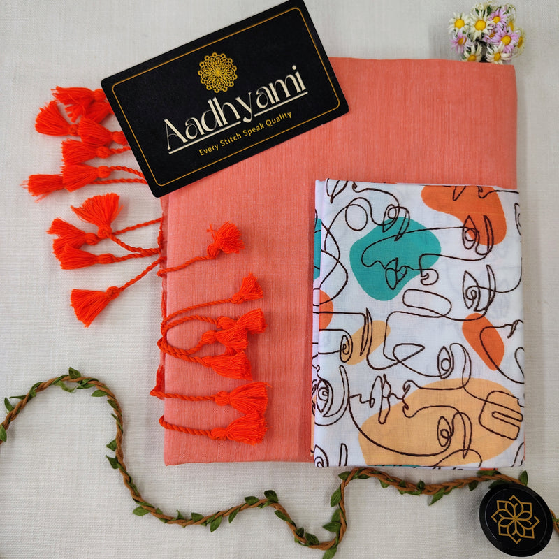 Peach Handloom Cotton Saree With Designer Blouse