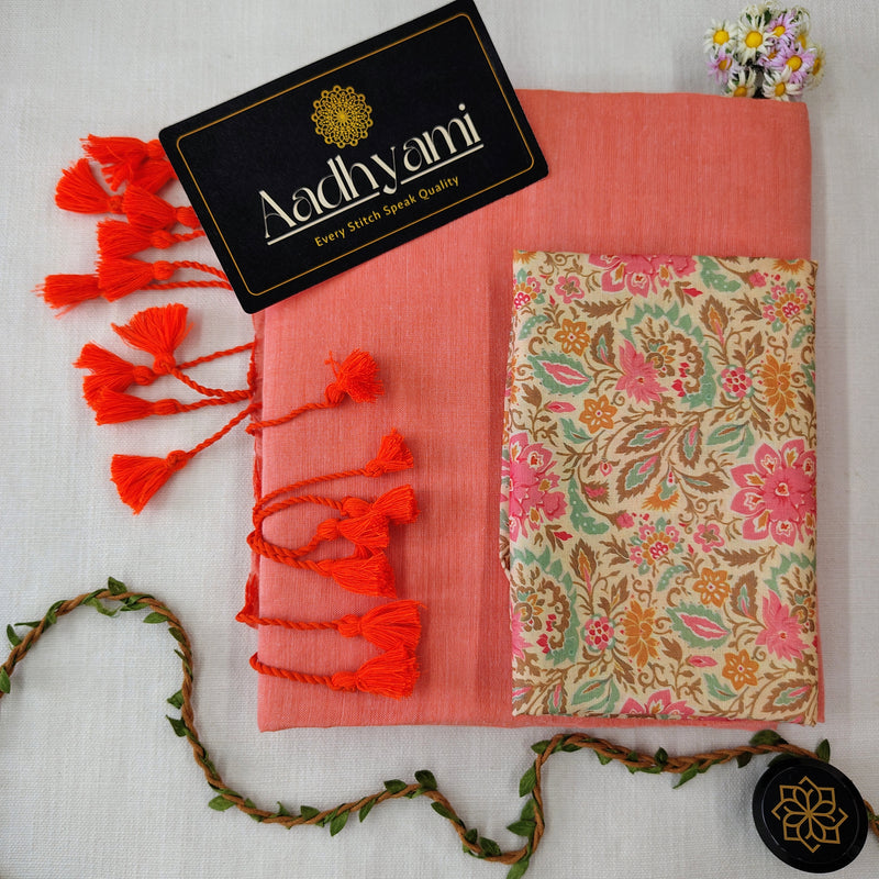 Peach Handloom Cotton Saree With Designer Blouse