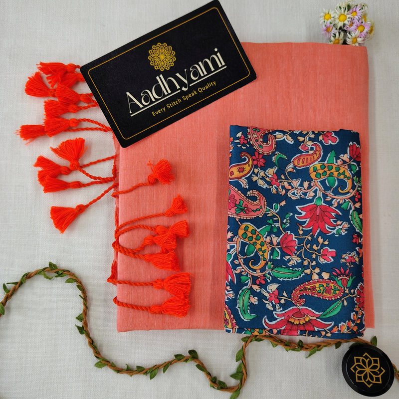 Peach Handloom Cotton Saree With Designer Blouse
