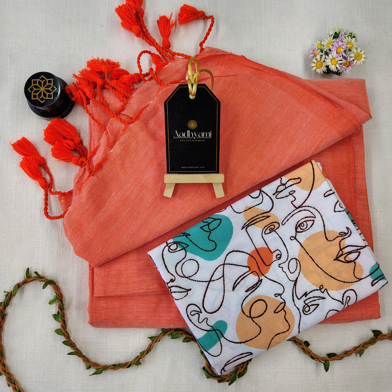 Peach Handloom Cotton Saree With Designer Blouse