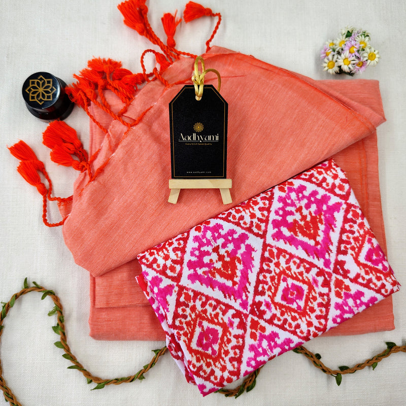 Peach Handloom Cotton Saree With Designer Blouse