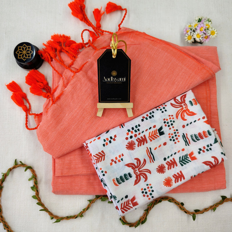 Peach Handloom Cotton Saree With Designer Blouse