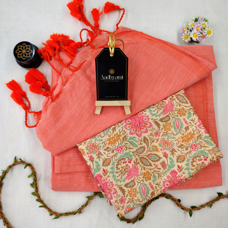 Peach Handloom Cotton Saree With Designer Blouse