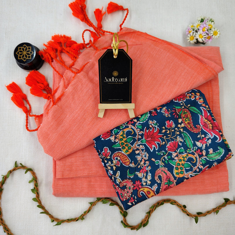 Peach Handloom Cotton Saree With Designer Blouse