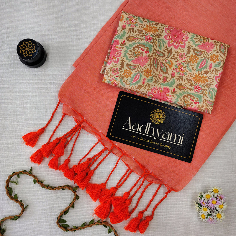 Peach Handloom Cotton Saree With Designer Blouse