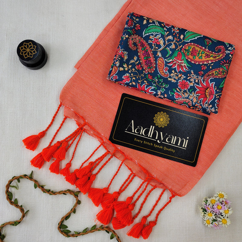 Peach Handloom Cotton Saree With Designer Blouse