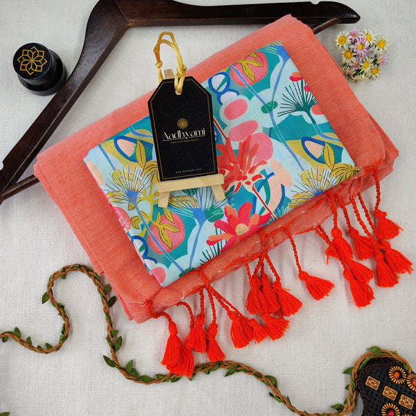 Peach Handloom Cotton Saree With Designer Blouse
