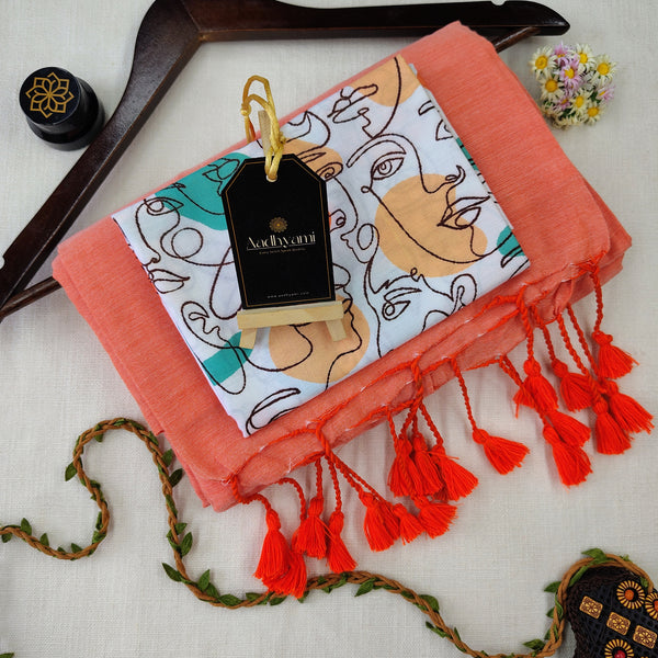 Peach Handloom Cotton Saree With Designer Blouse