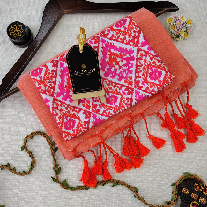 Peach Handloom Cotton Saree With Designer Blouse