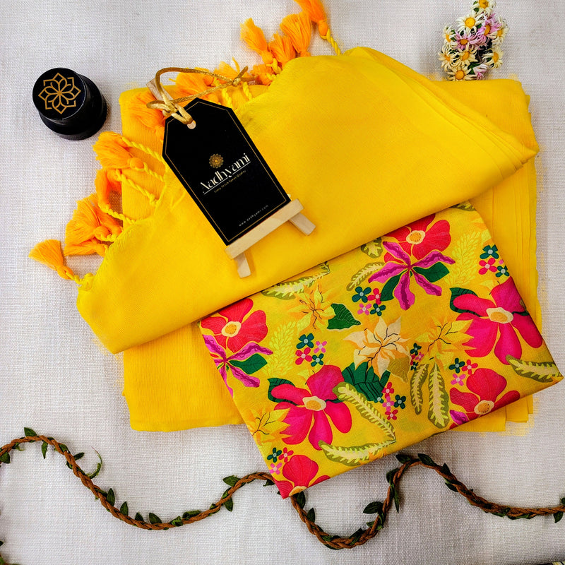 Yellow Handloom Cotton Saree With Designer Blouse