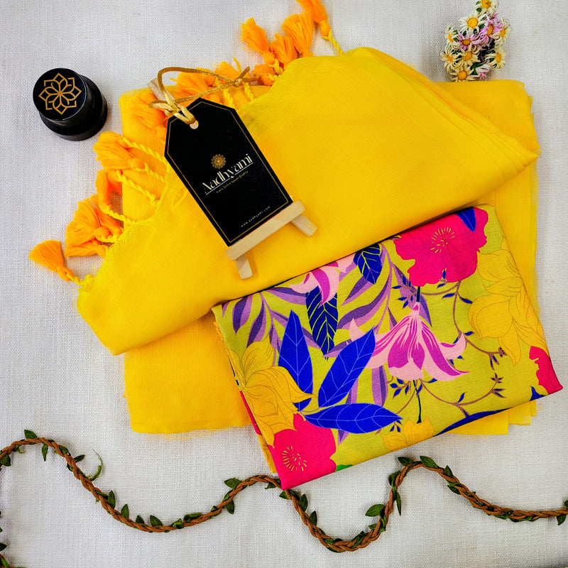 Yellow Handloom Cotton Saree With Designer Blouse