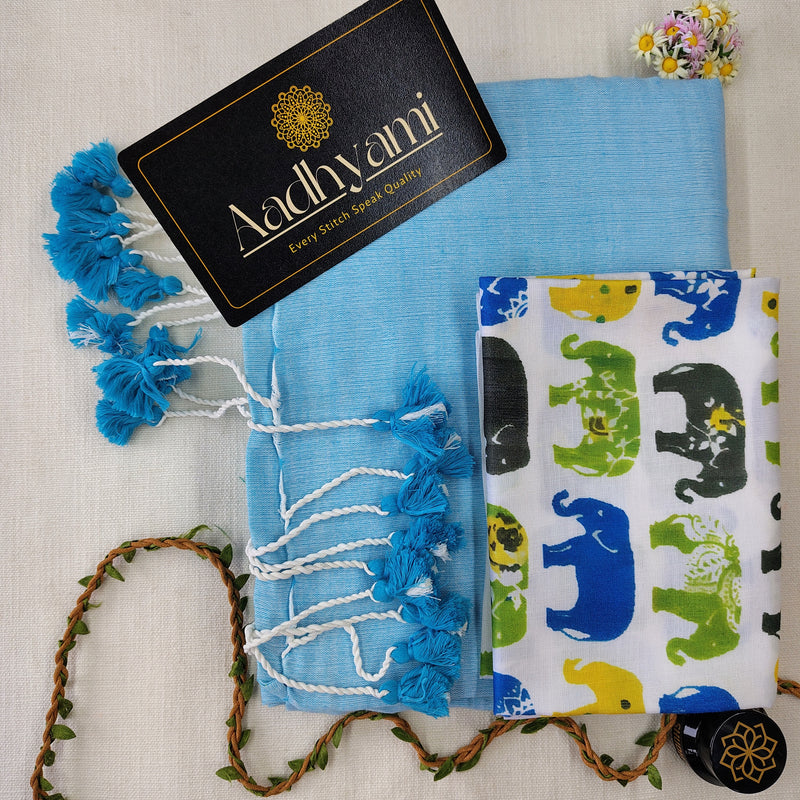 Sky Handloom Cotton Saree With Elephant Designer Blouse