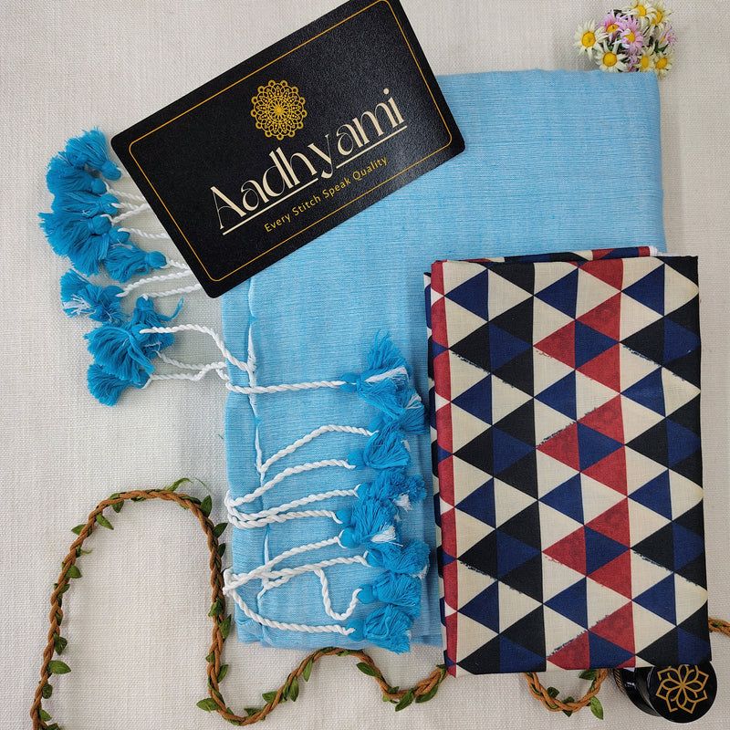 Sky Handloom Cotton Saree With Designer Blouse