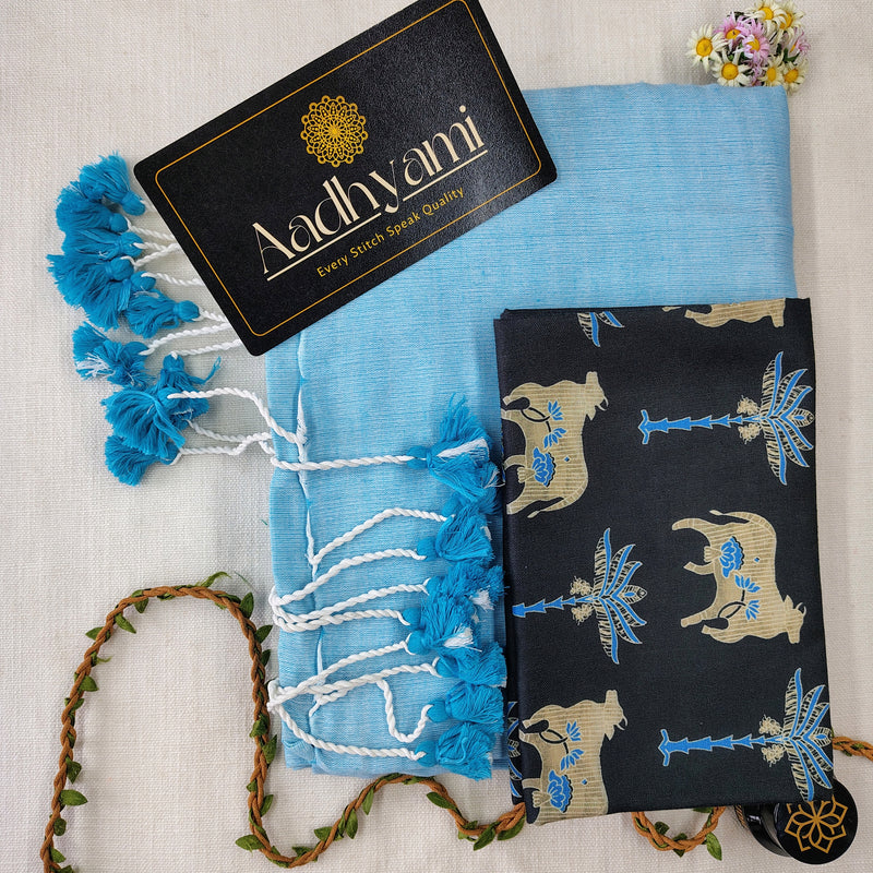 Sky Handloom Cotton Saree With Designer Blouse