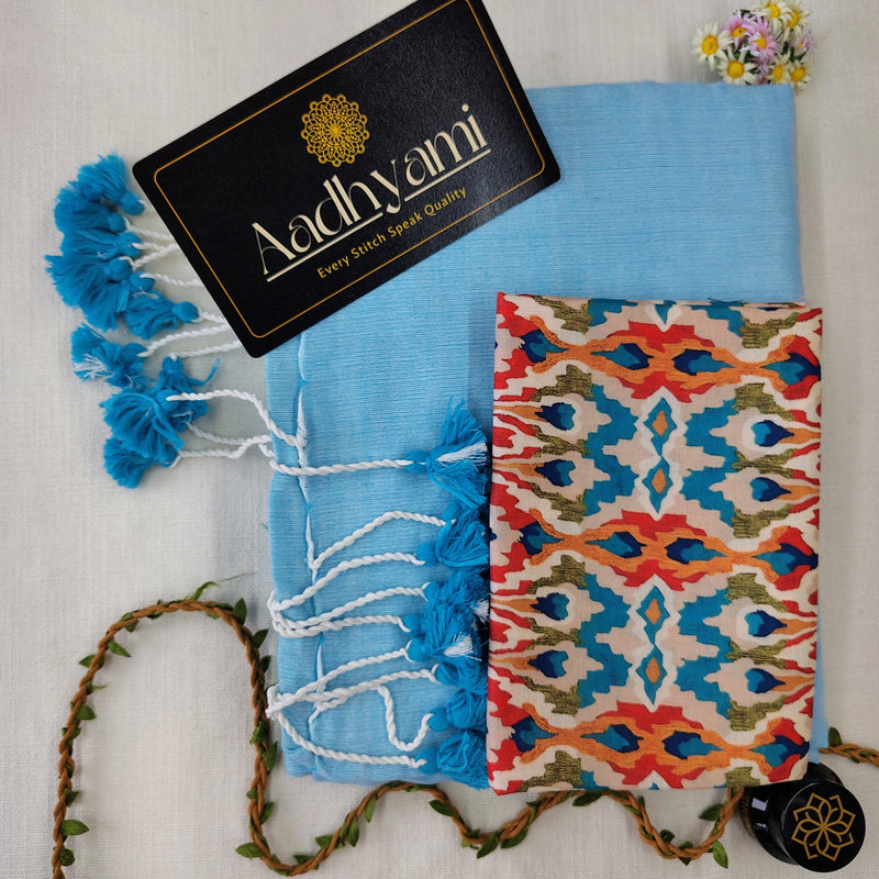 Sky Handloom Cotton Saree With Designer Blouse