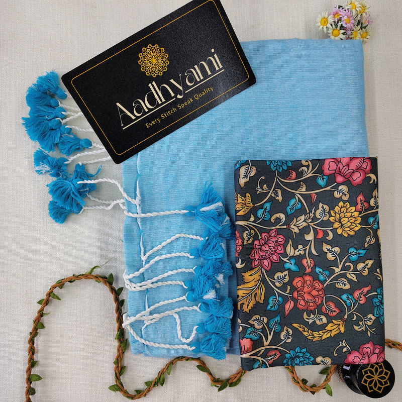 Sky Handloom Cotton Saree With Designer Blouse