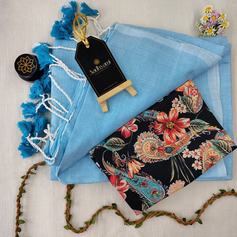 Sky Handloom Cotton Saree With Designer Blouse