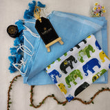Sky Handloom Cotton Saree With Elephant Designer Blouse