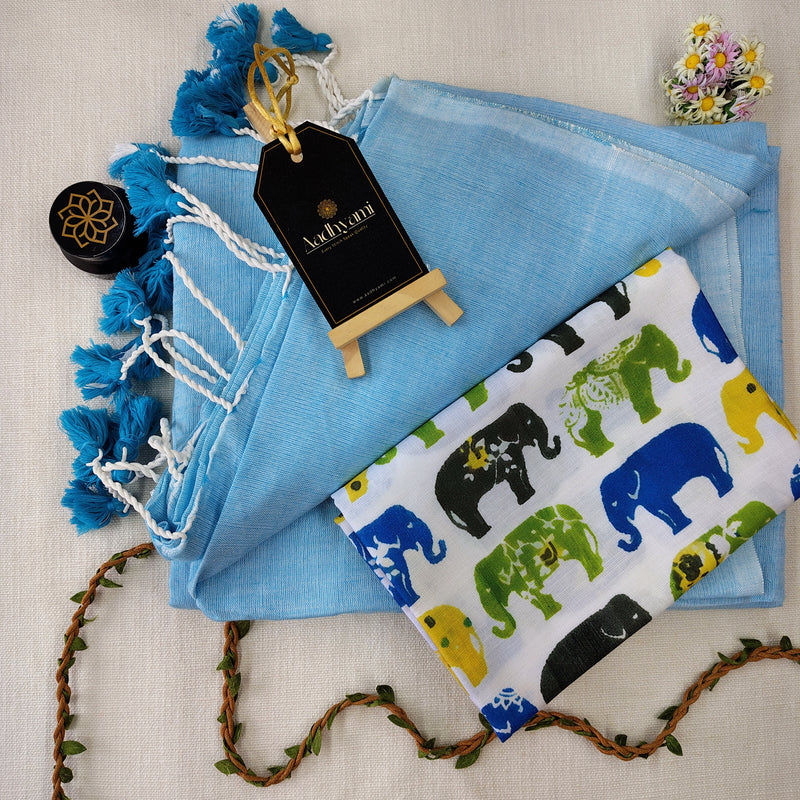 Sky Handloom Cotton Saree With Elephant Designer Blouse