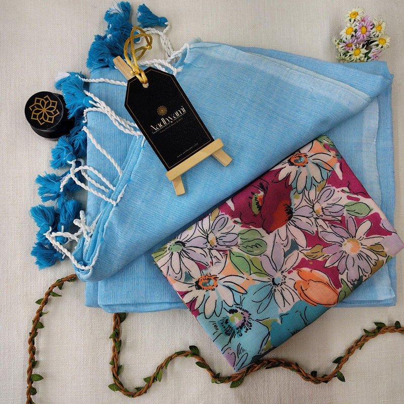 Sky Handloom Cotton Saree With Designer Blouse