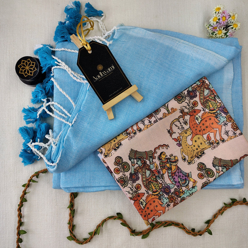 Sky Handloom Cotton Saree With Designer Blouse