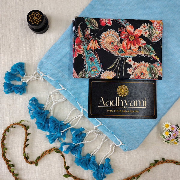 Sky Handloom Cotton Saree With Designer Blouse