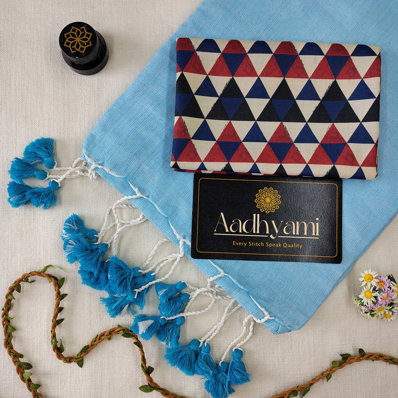 Sky Handloom Cotton Saree With Designer Blouse