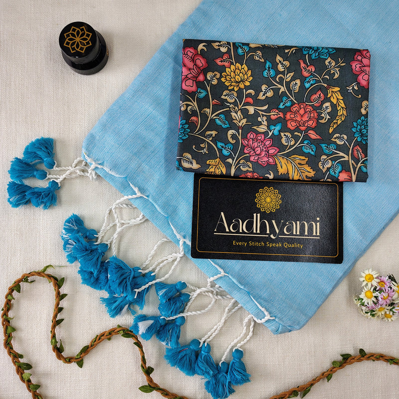 Sky Handloom Cotton Saree With Designer Blouse