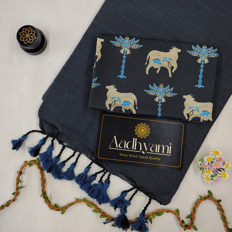 Grey Handloom Cotton Saree With Designer Blouse