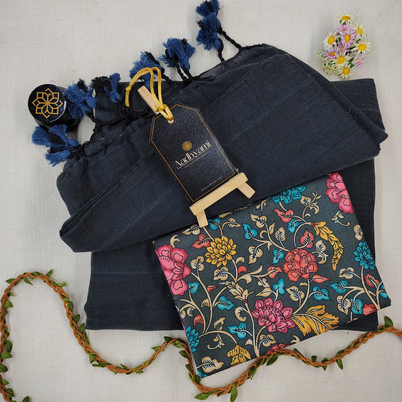 Grey Handloom Cotton Saree With Designer Blouse