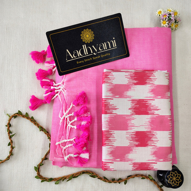 Baby Pink Handloom Cotton Saree With Designer Blouse