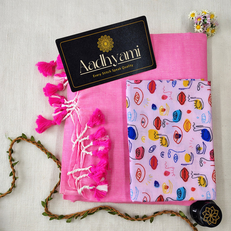 Baby Pink Handloom Cotton Saree With Designer Blouse