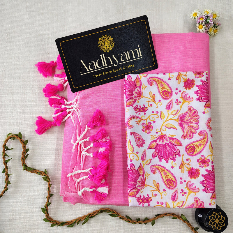Baby Pink Handloom Cotton Saree With Designer Blouse