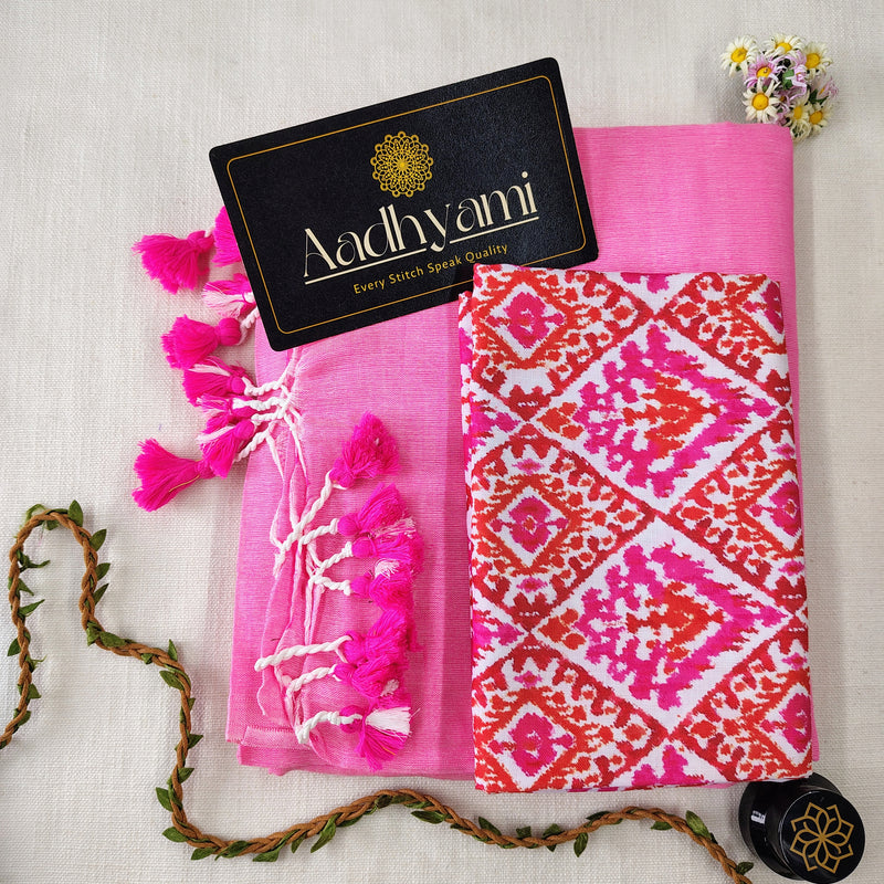 Baby Pink Handloom Cotton Saree With Designer Blouse