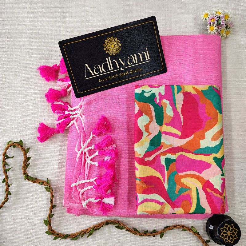 Baby Pink Handloom Cotton Saree With Designer Blouse